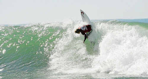 RAINBOW Beach surfer Noah Lane toppled ASP Tour regular Taylor Gudauskas yesterday. RAINBOW Beach surfer Noah Lane toppled ASP Tour regular Taylor Gudauskas yesterday.